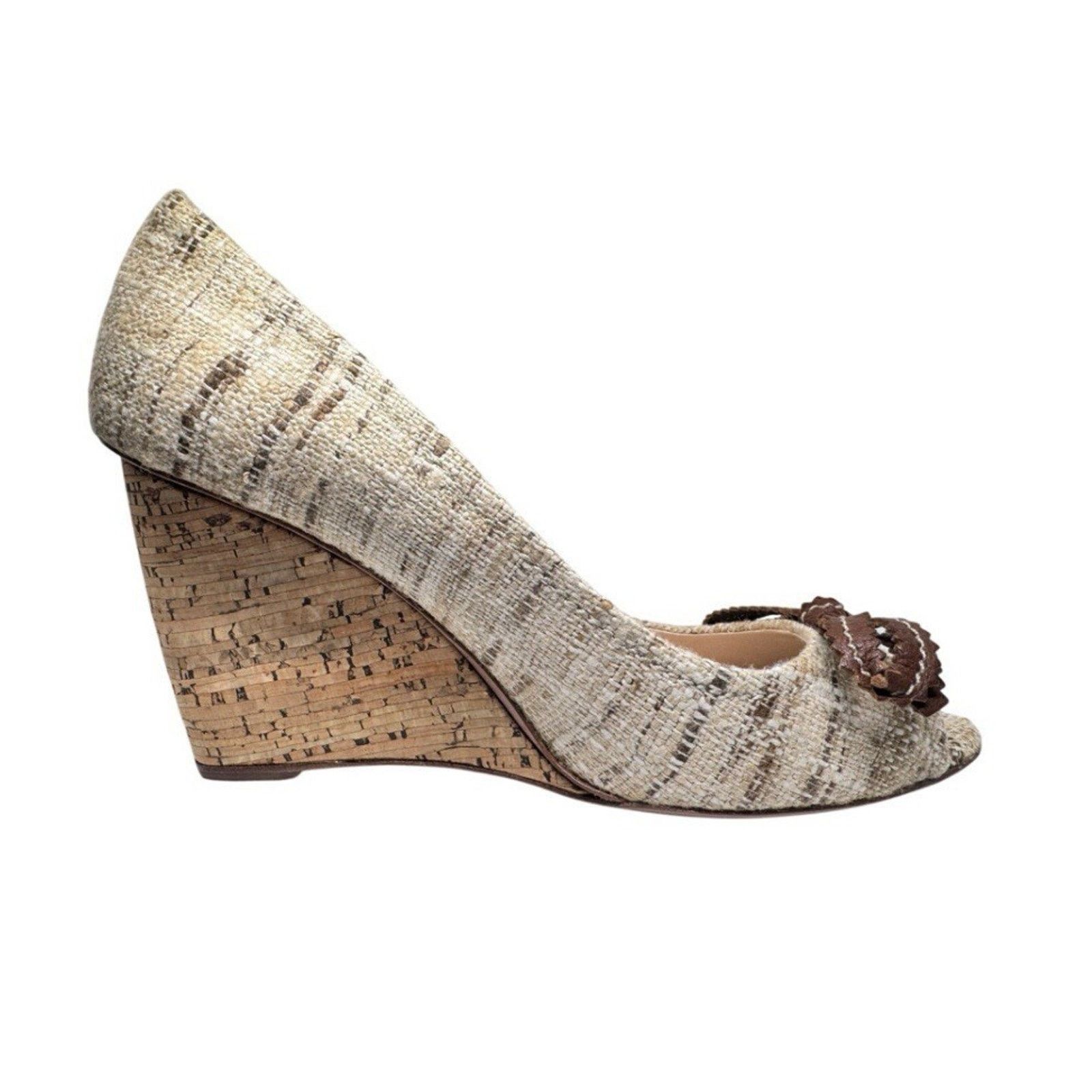 Prada PRADA TWEED BEIGE BROWN CORK WEDGE PEEP TOE SHOES 39 Size US 9 / IT 39 - 3 Thumbnail