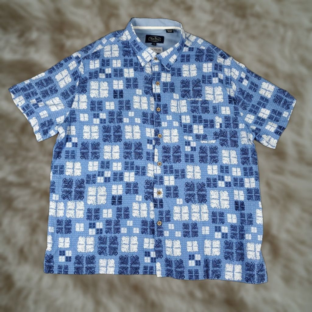 Nat Nast Nat Nast Shirt Mens Size XL Blue Geometric Silk Button Up Short Sleeve Size US XL / EU 56 / 4 - 1 Thumbnail