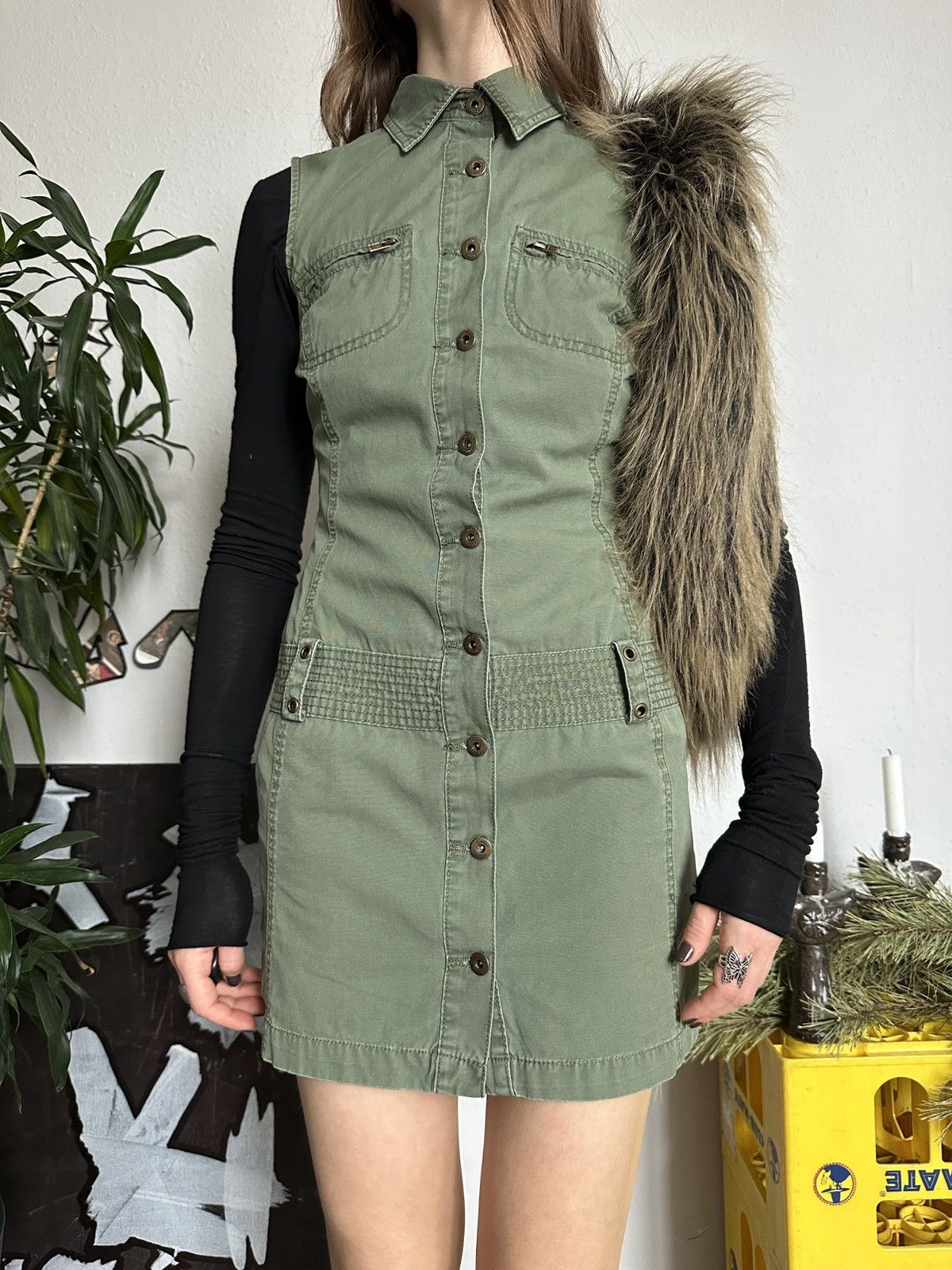 20471120 × Japanese Brand × Seditionaries Military Y2K Cotton Khaki Button Up Mini Dress Size ONE SIZE - 1 Thumbnail
