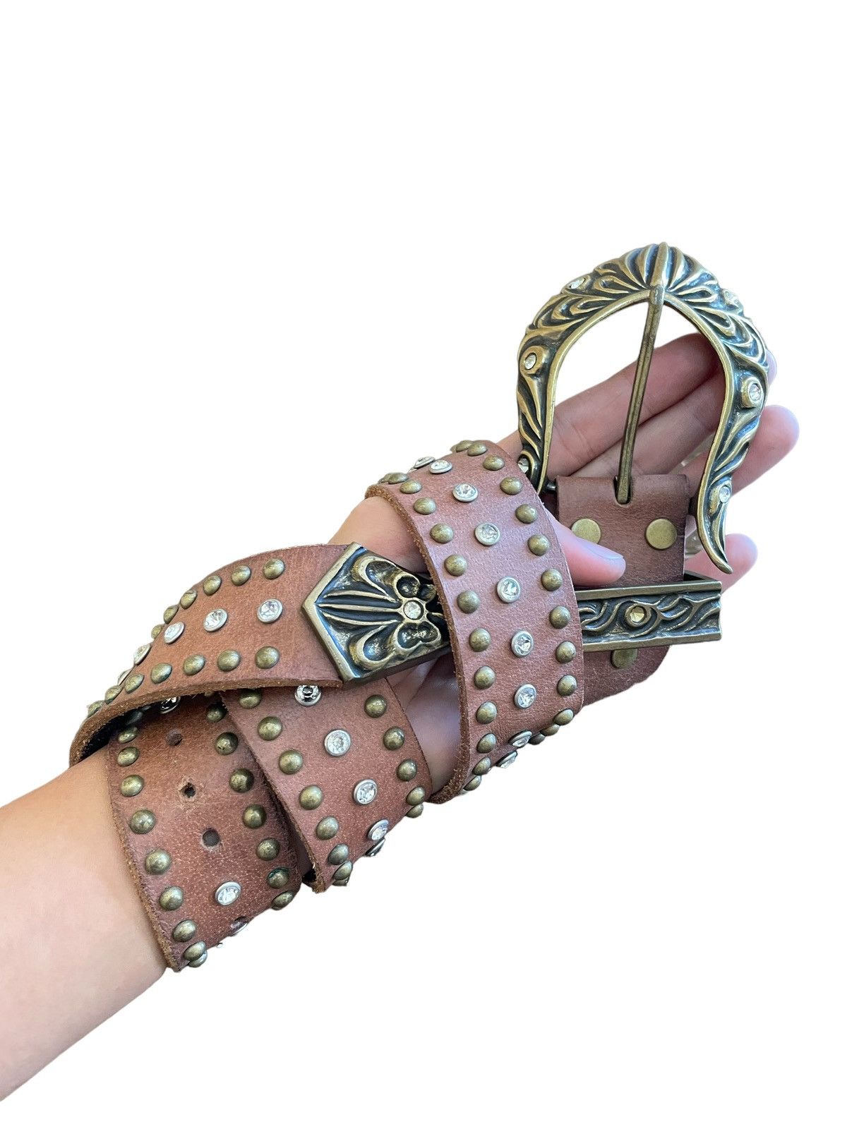 Affliction × If Six Was Nine × Le Grande Bleu (L.G.B.) Vintage Bianro Dagger Rhinestones Studded Brass Leather Belt Size ONE SIZE - 2 Thumbnail