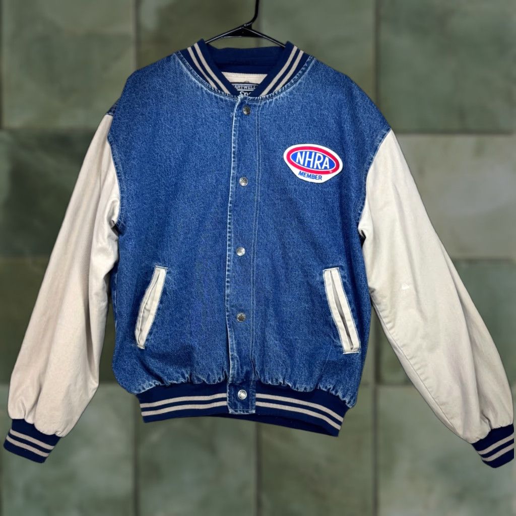 Denime VINTAGE NHRA Hartwell ViaSport Denim Varsity Jacket Blue Beige Men's Large Regular Size Mid-Length Jacket Size US L / EU 52-54 / 3 - 1 Thumbnail