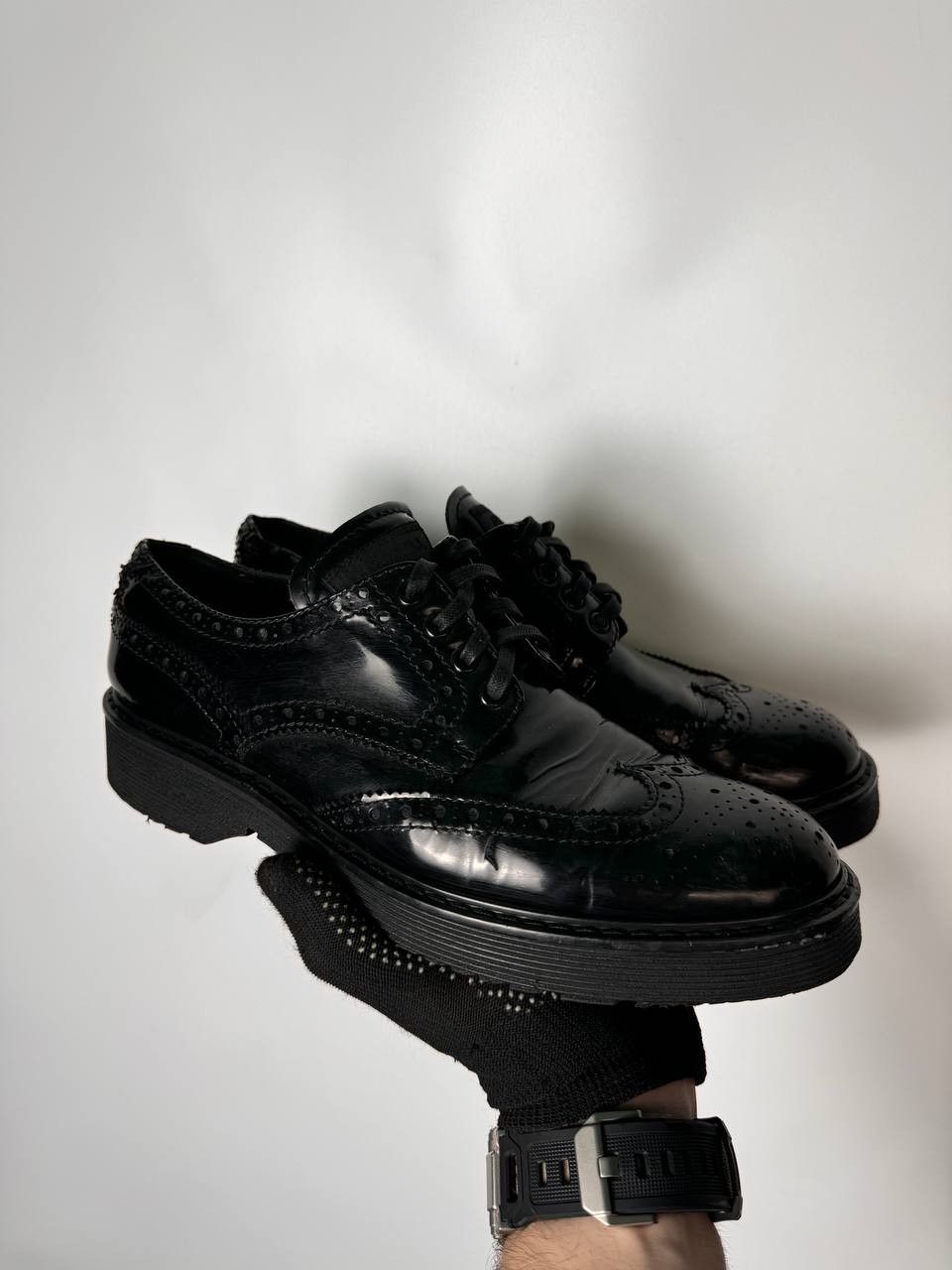 Prada × Vintage PRADA 3E5739 Dress Shoe Sport Wingtip Black Enamel Used Size US 9 / IT 39 - 1 Thumbnail