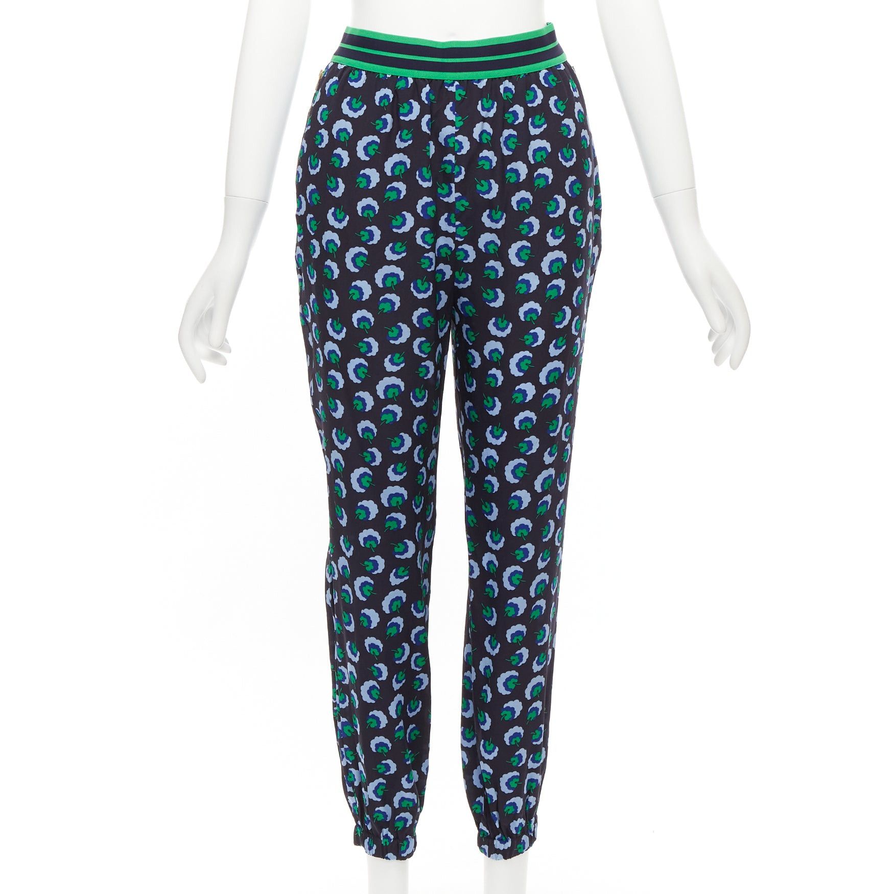 Stella McCartney STELLA MCCARTNEY 2014 blue green 100% silk graphic floral web band pants IT36 XXS Size 25" / US 0 / IT 36 - 1 Thumbnail