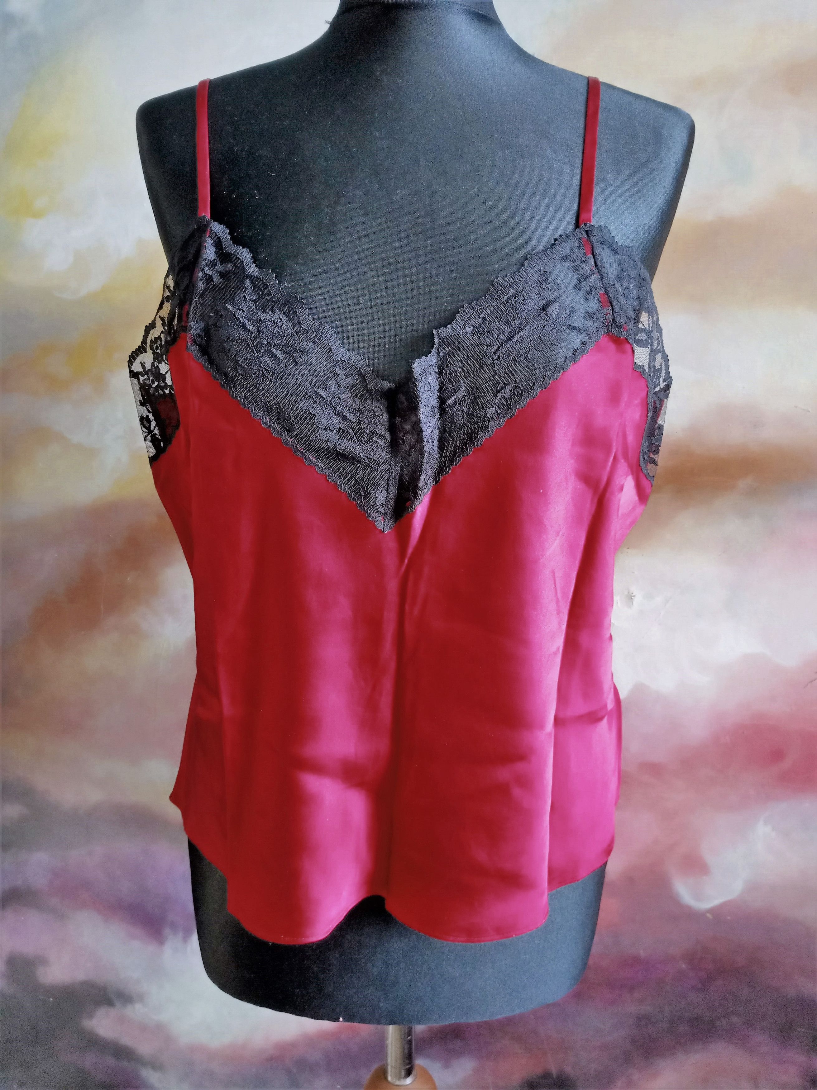Vintage Red Silk Camisole with black lace Size ONE SIZE - 1 Thumbnail