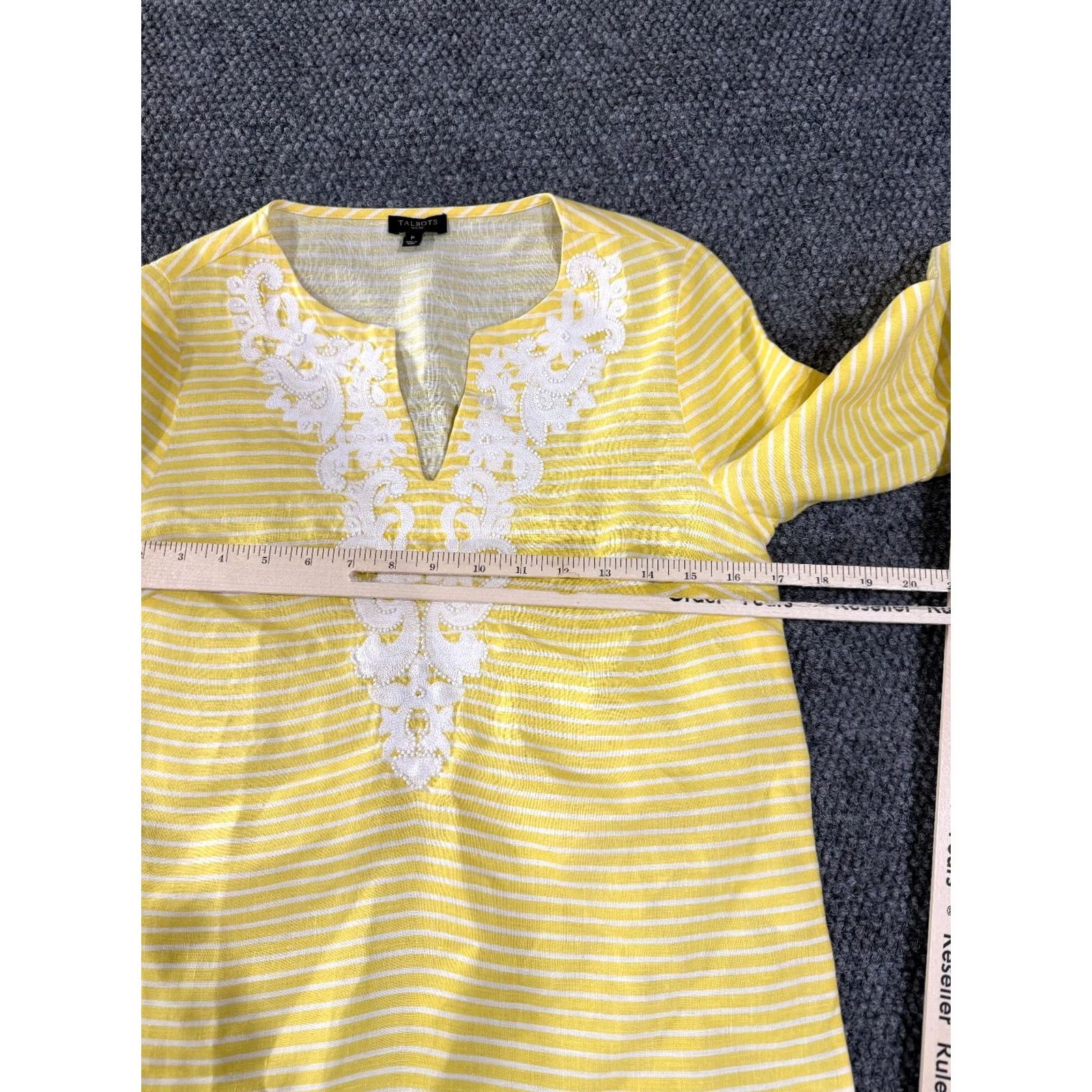 Talbots Talbots Blouse Womens Petite P Yellow White Striped Linen Embroidered Long Sleeve V-Neck Casual Workwear Size XXS / US 00 / IT 34 - 5 Thumbnail
