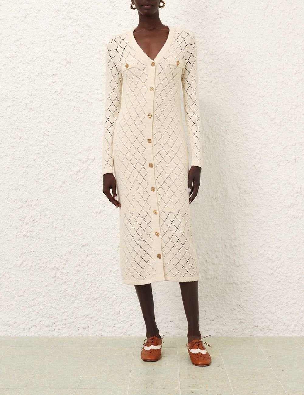 Zimmermann oc11z1025 Crush Pointelle Midi Dress in Cream Size L / US 10 / IT 46 - 2 Thumbnail