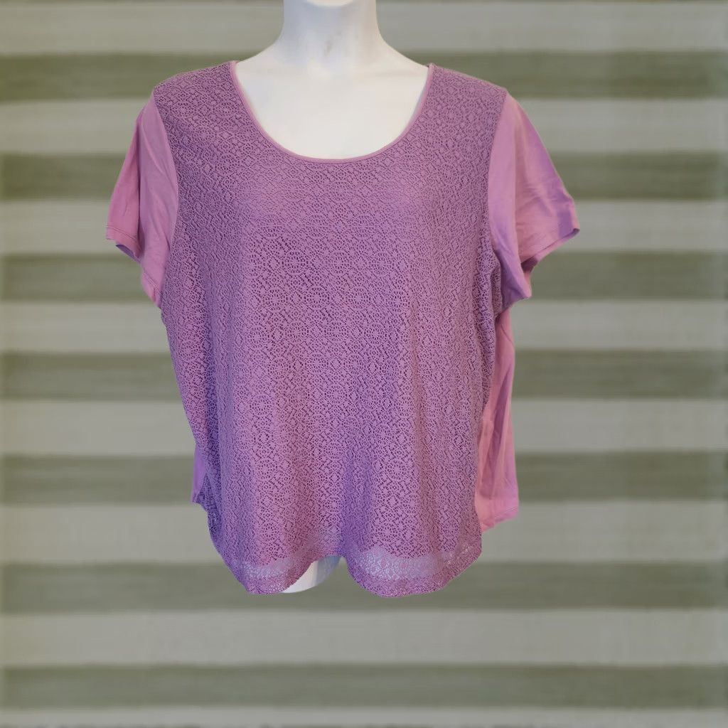 Vintage Laura Scott Purple Lace Overlay Short Sleeve Blouse 3X Womens Casual Top Size XXL / US 16-18 / IT 52-54 - 1 Thumbnail