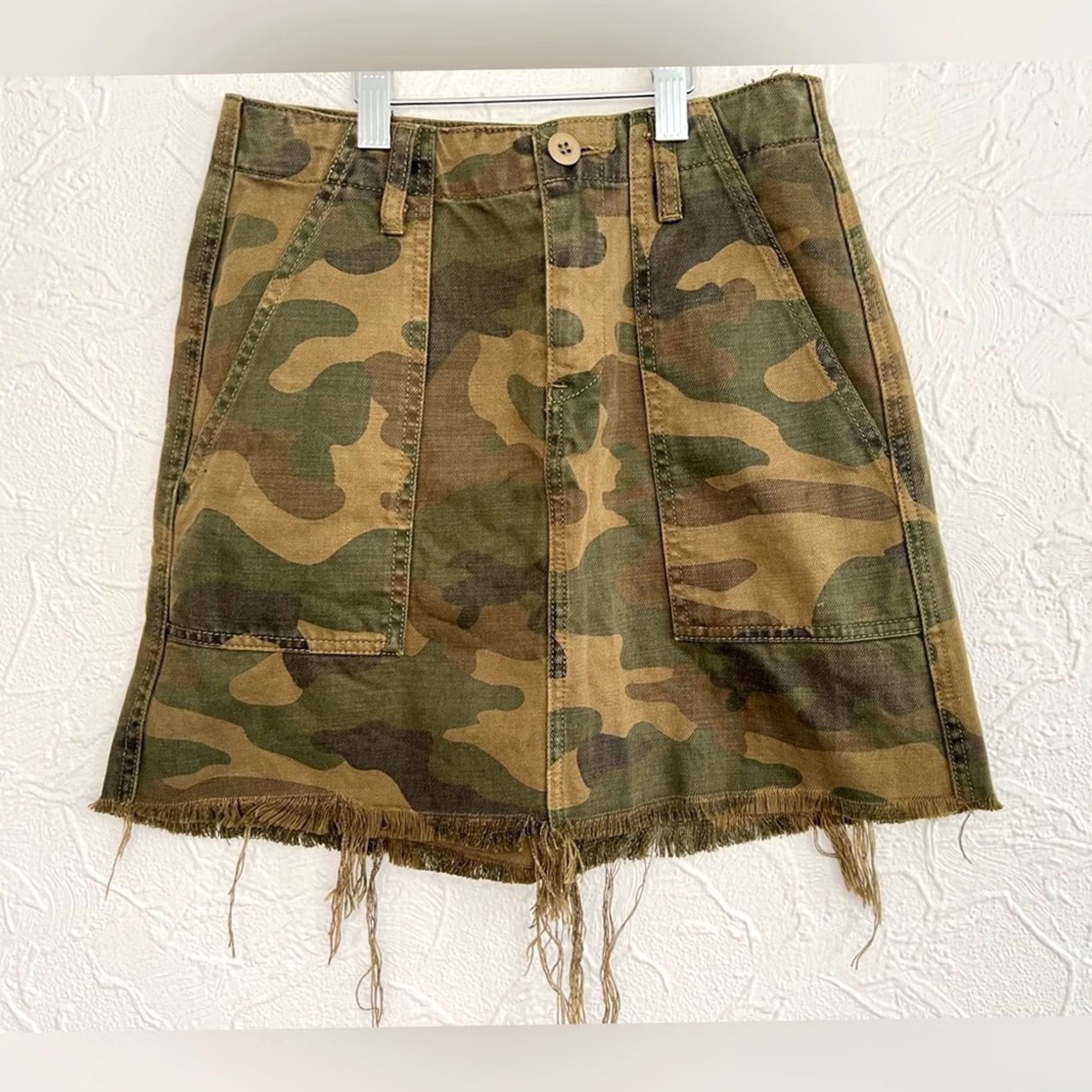 Vintage BLANK NYC Camo Denim Mini Skirt Womens Size 24 Green 90s Punk Grunge Raw Hem Skirt Womens Size 42" / US 20 - 2 Thumbnail
