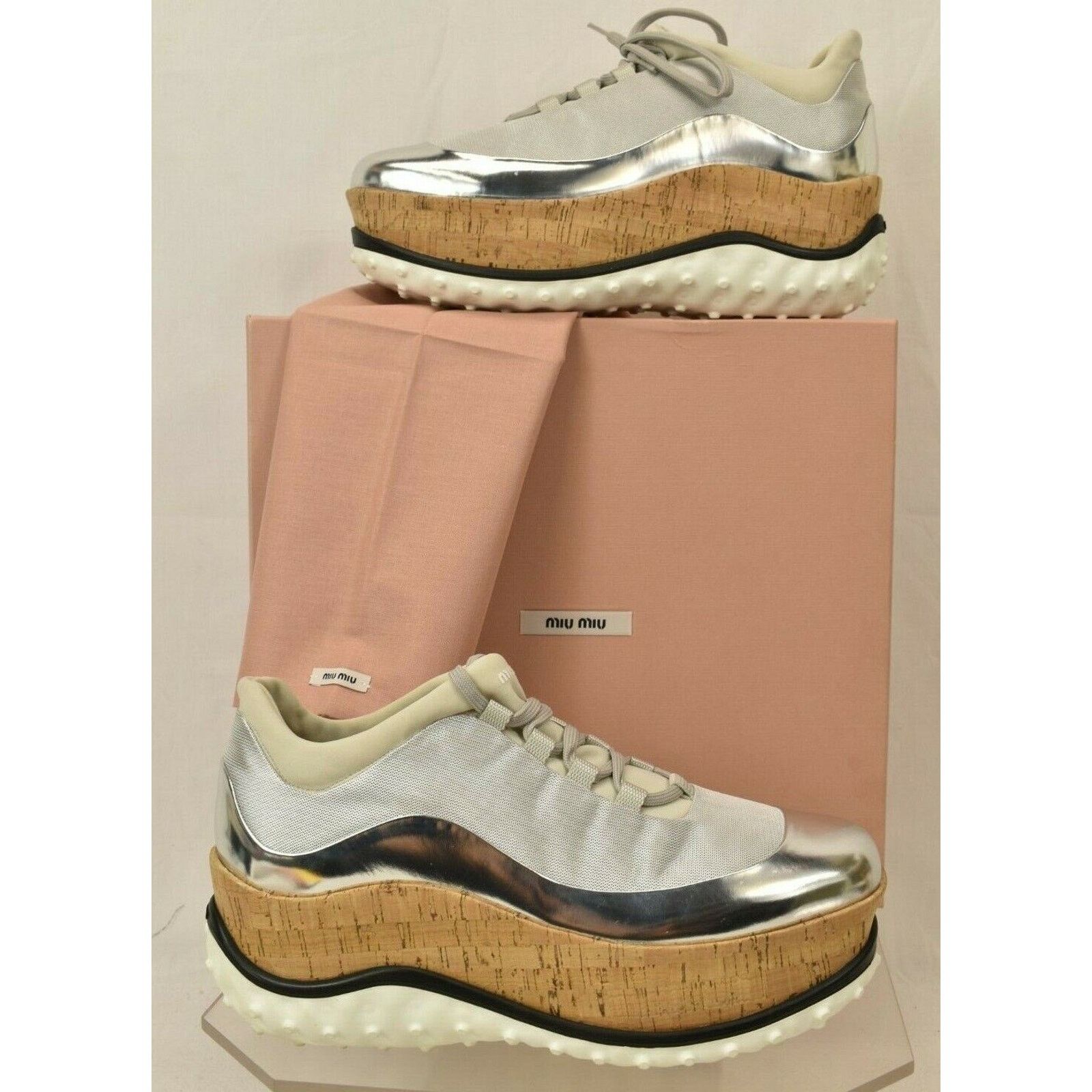 Miu Miu 5E281A SILVER PATENT LEATHER CORK PLATFORM SNEAKERS 40.5 Size US 10.5 / IT 40.5 - 2 Thumbnail