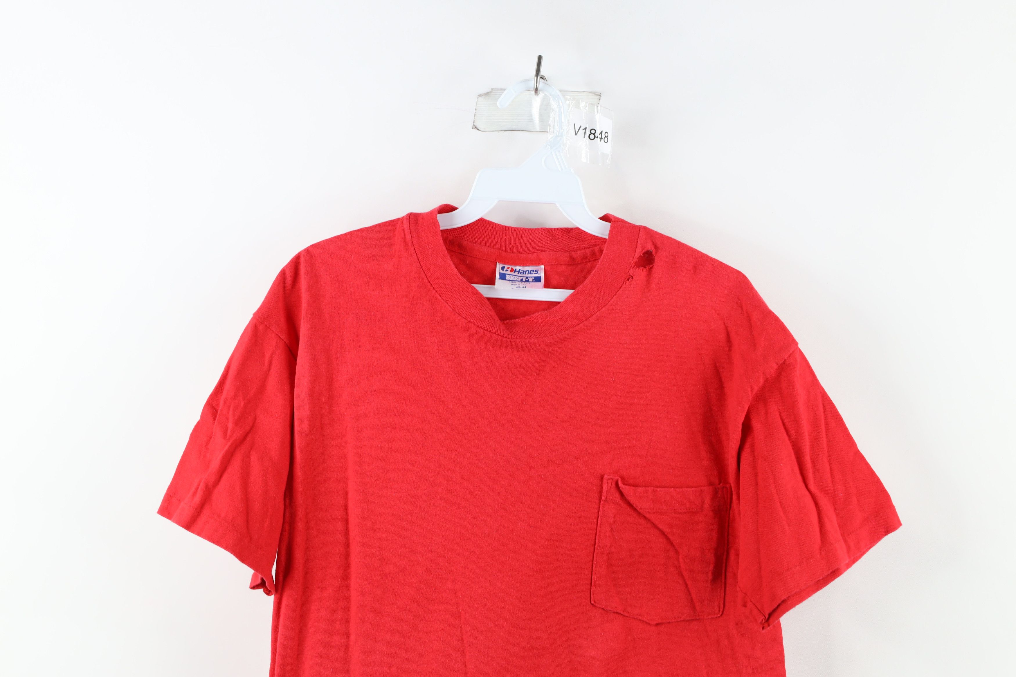 Vintage Vintage 90s Hanes Blank Pocket T-Shirt Cotton Red USA Size US L / EU 52-54 / 3 - 2 Preview