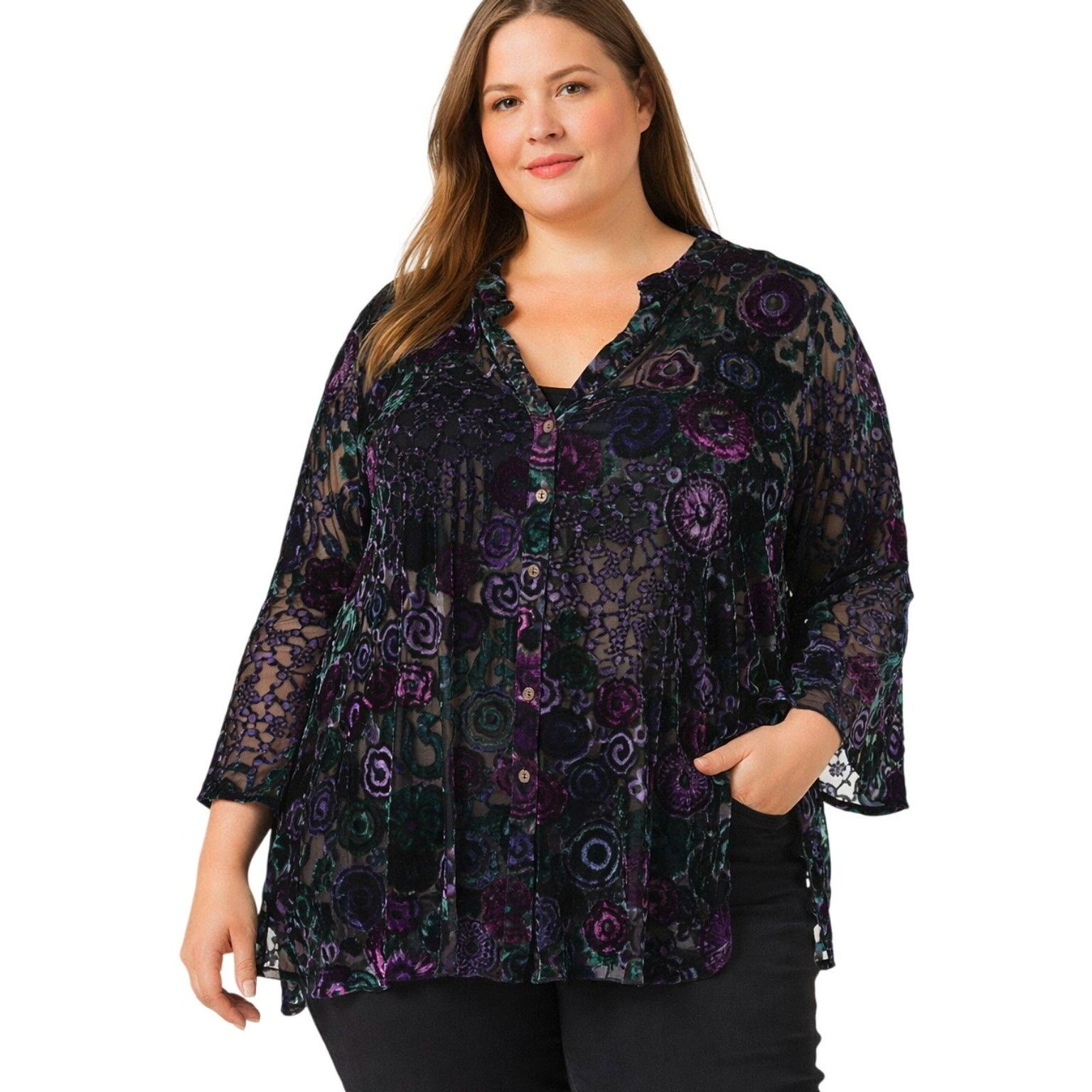 Sterling Ruby Ruby Rd Purple Velvet Burnout Button Tunic Woman 22W Plus Size 3XL / US 20-22 - 1 Thumbnail
