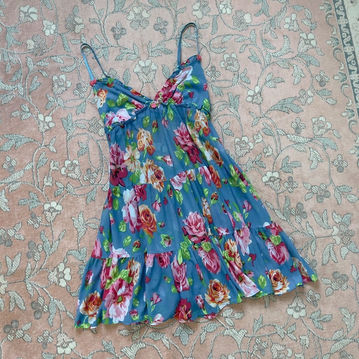 Betsey Johnson × Vintage Vintage Betsey Johnson Blue Floral Mesh Sheer Slip Dress (S) Size S / US 4 / IT 40 - 9 Thumbnail