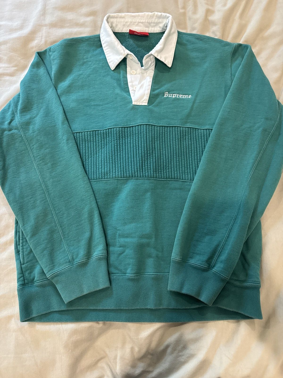 Supreme Green Rugby Sweatshirt White Collar Logo Pullover