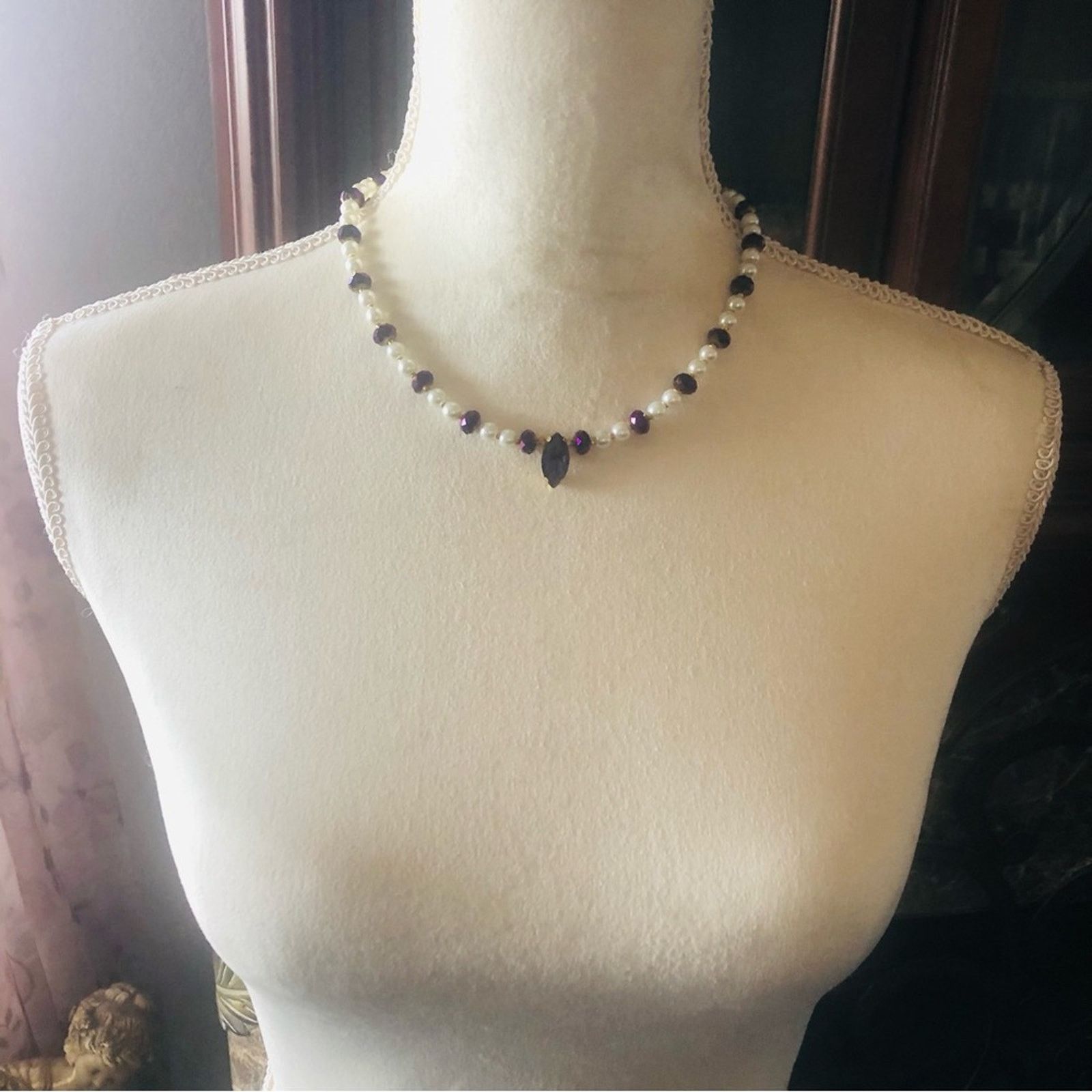 Handmade Handcrafted repurpose marquis purple stone Pearl necklace Size ONE SIZE - 5 Thumbnail