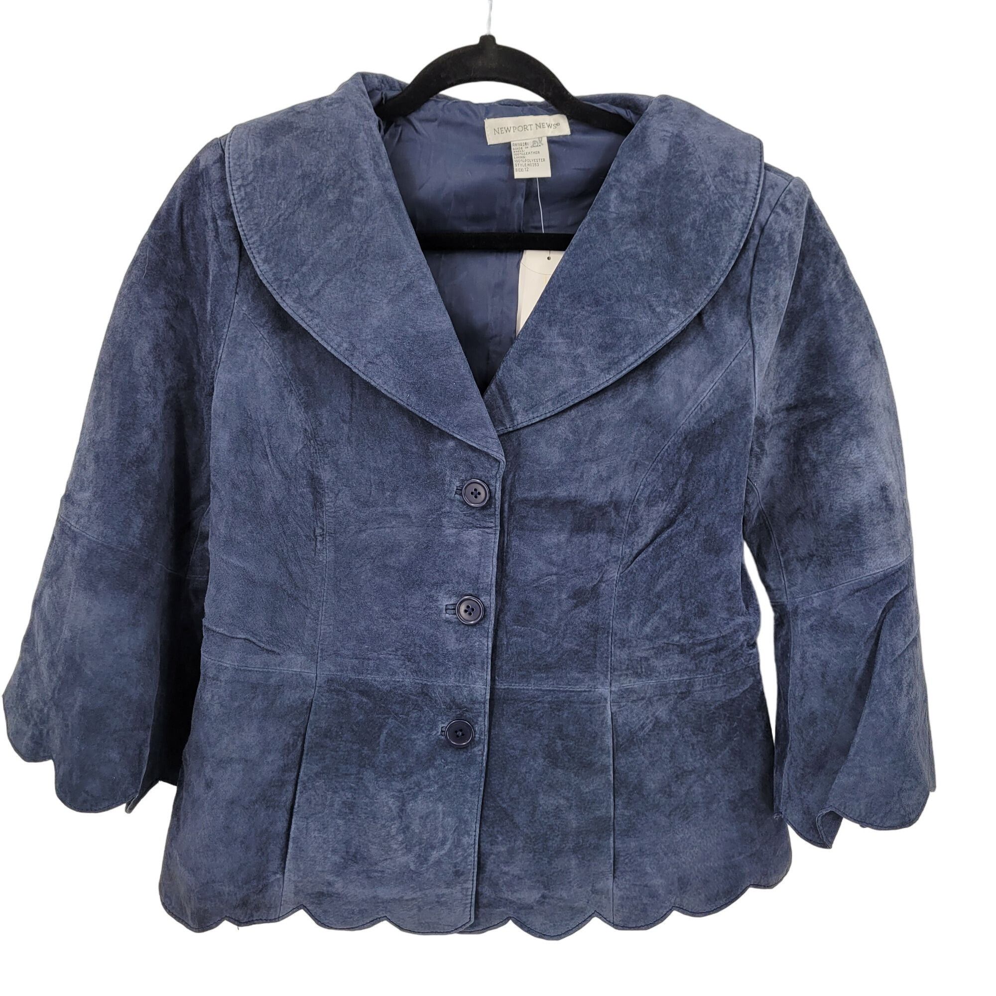 image of Vintage Suede Leather Scalloped Bell Cropped Blazer 12 Blue, Women's (Size XL)