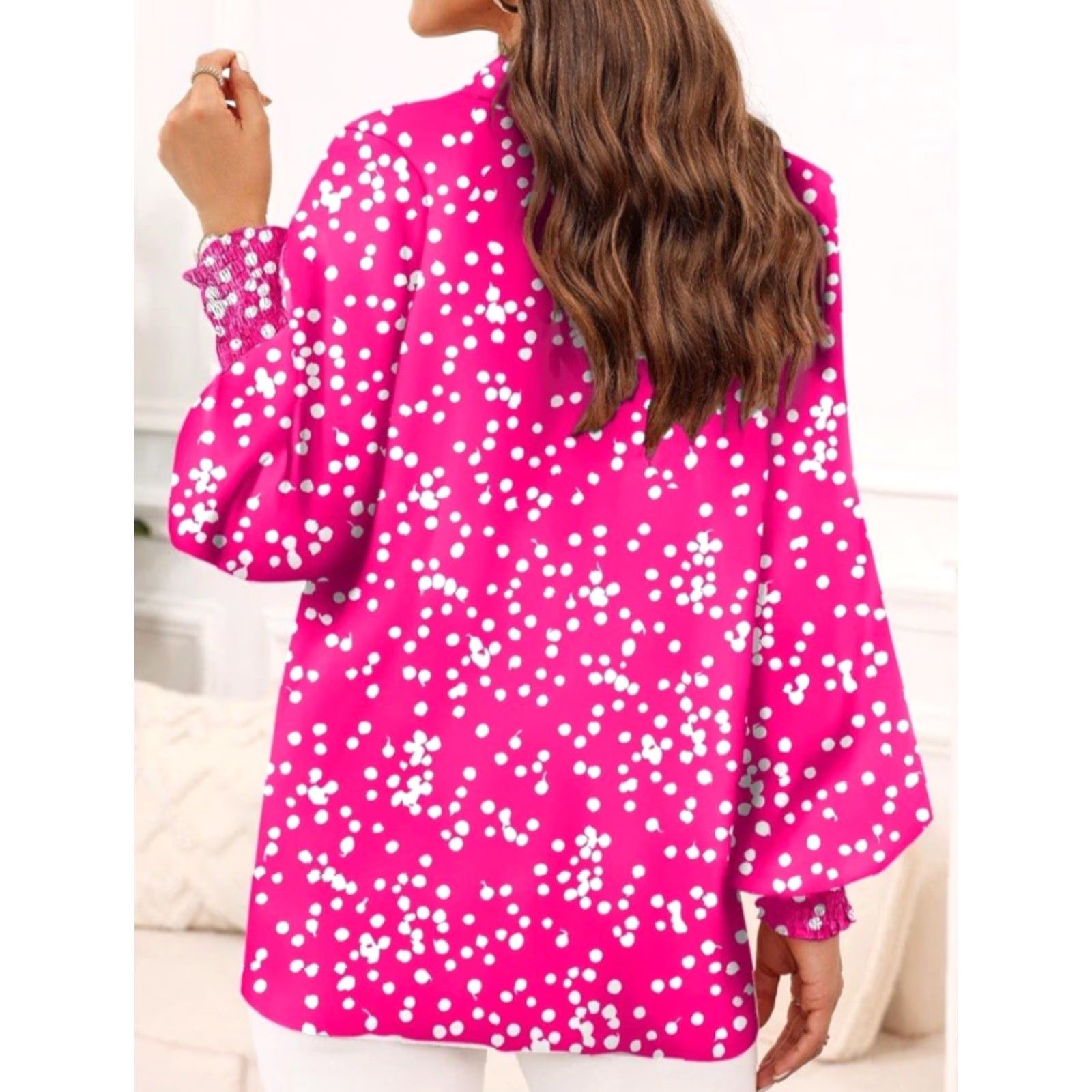 Vintage DOKOTOO Blouse - Womens Casual V Neck Long Sleeve Button Down - Pink - Size L - Polyester - Easy Care - Ruffle - Regular Fit Size L / US 10 / IT 46 - 4 Thumbnail