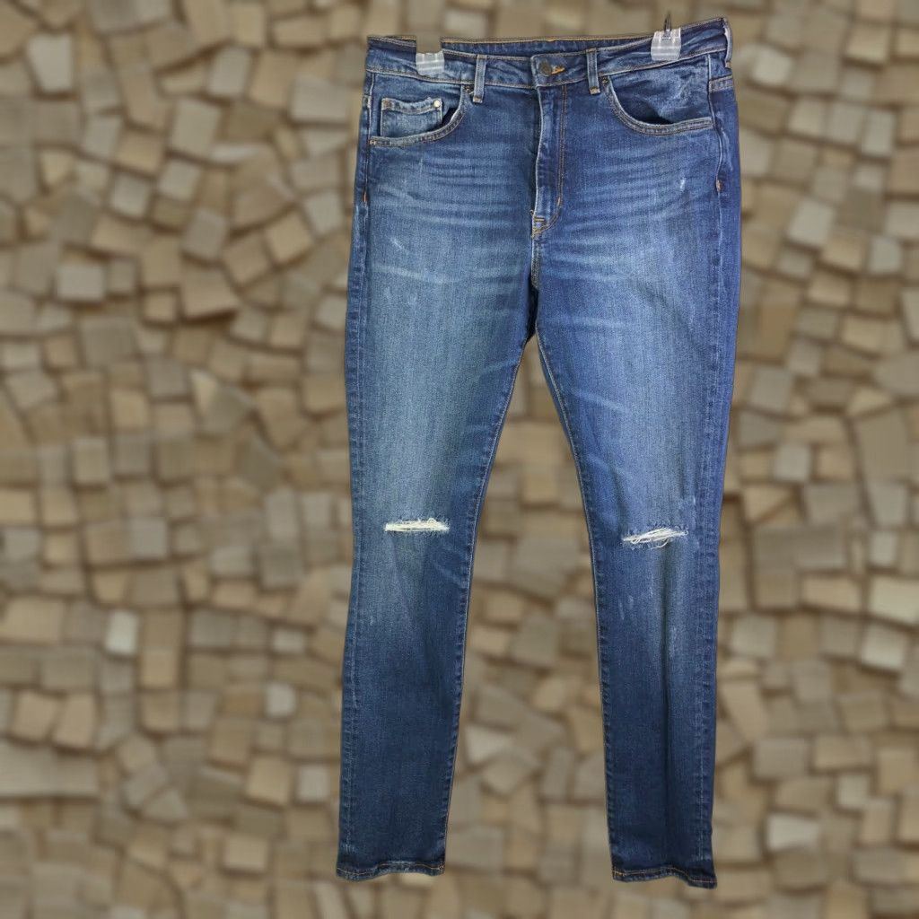 Denime &Denim Mens Size 32 Skinny High Rise Distressed Dark Wash Blue Denim Jeans Jeans Men's Blue 90s Theme? Size US 32 / EU 48 - 1 Thumbnail