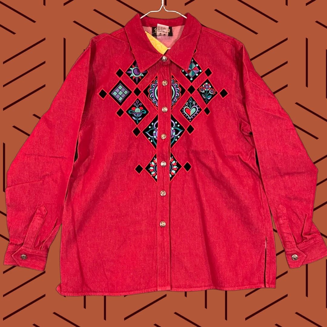 Bob Mackie Bob Mackie Wearable Art Embroidered Button Shirt Shacket Womens Medium Red Denim Shirt Size M / US 6-8 / IT 42-44 - 1 Thumbnail