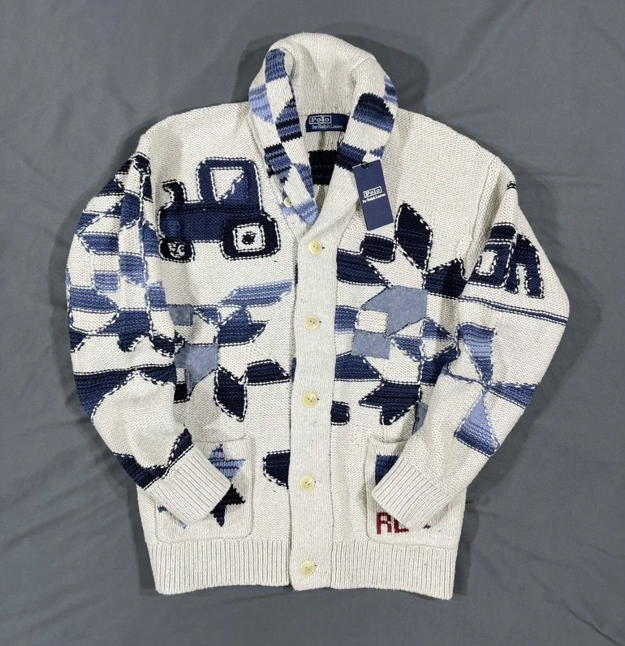 image of Polo Ralph Laurent Country Patchwork Cardigan Sweater 2Xl in Blue, Men's