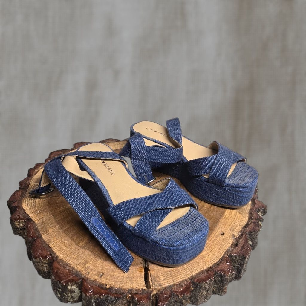 Lucky Brand Lucky Brand Bikaro Denim Espadrille Wedge Sandals - Women - 7.5 M - Blue - Strappy Ankle Strap - Vintage? No (Casual Summer) Size US 7.5 / IT 37.5 - 1 Thumbnail