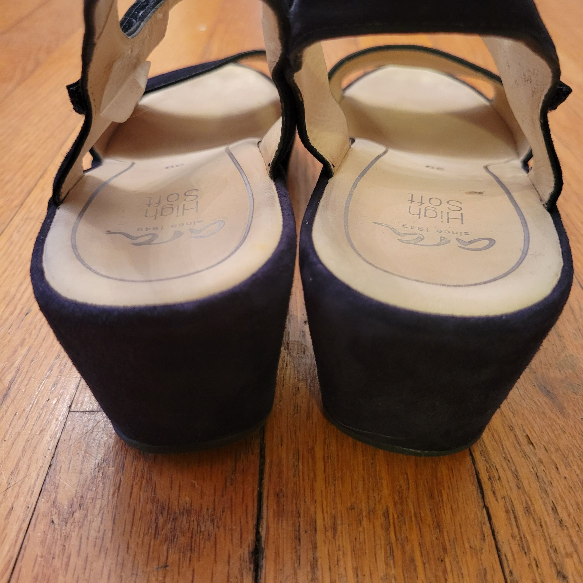 ARA Germany 39 Black Suede Leather Sandals Wedge Platform Op