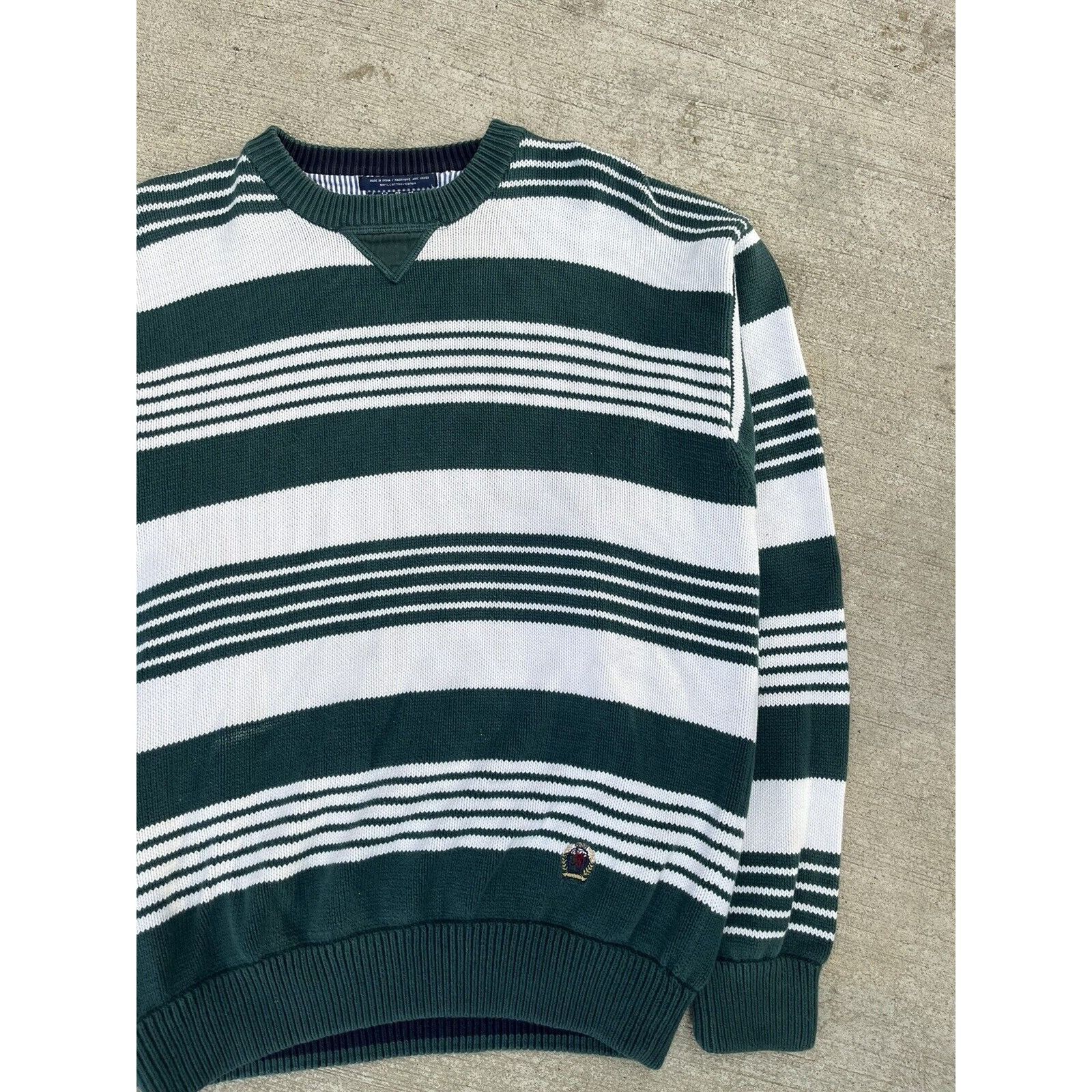 Vintage 90s Tommy Hilfiger outlet Color Block Striped Green Blue Sweater Mens Size XL