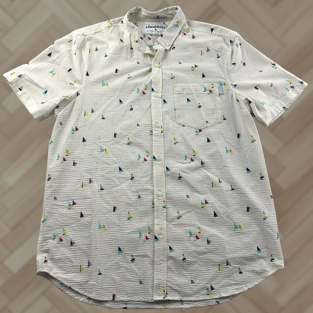 Chubbies Chubbies Seersucker Sailboat Short Sleeve Button Front Shirt Men's XL Ivory White Sailboat Nautical Shirt XL Mens Size US XL / EU 56 / 4 - 1 Thumbnail