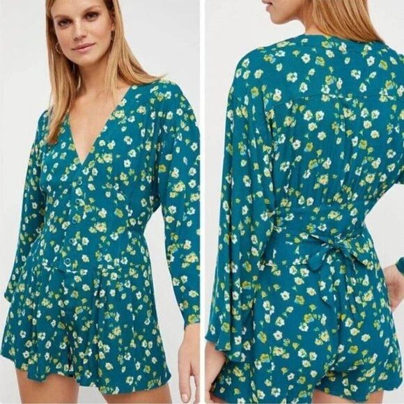 Free People Free People L'Amour Printed Romper Size 0 Playsuit Teal Flor Size 25" / US 0 / IT 36 - 1 Thumbnail