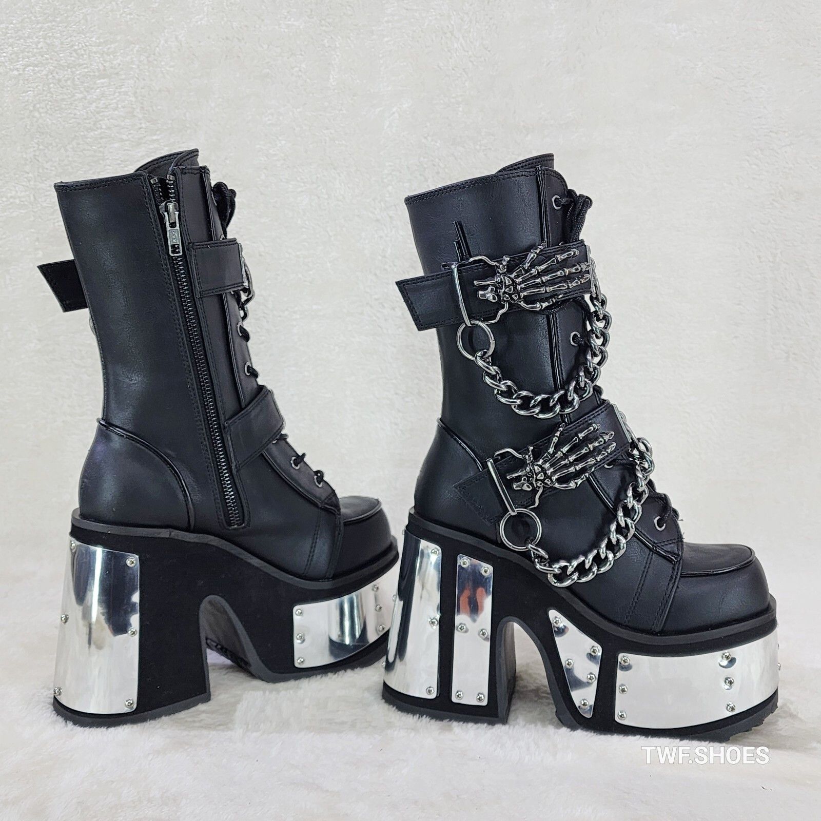 Demonia Cult DEMONIA Camel 120 Goth Punk Mid Calf Platform Boots Skeleton Size US 10 / IT 40 - 3 Thumbnail
