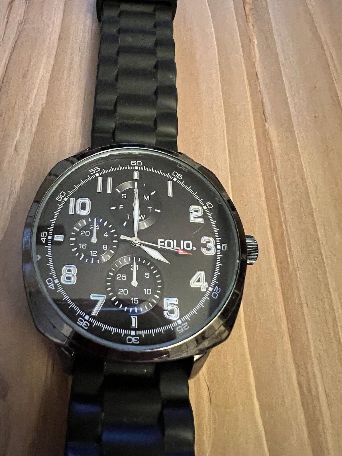 Designer Folio Black Men’s Oversized Watch New Battery Size ONE SIZE - 1 Thumbnail