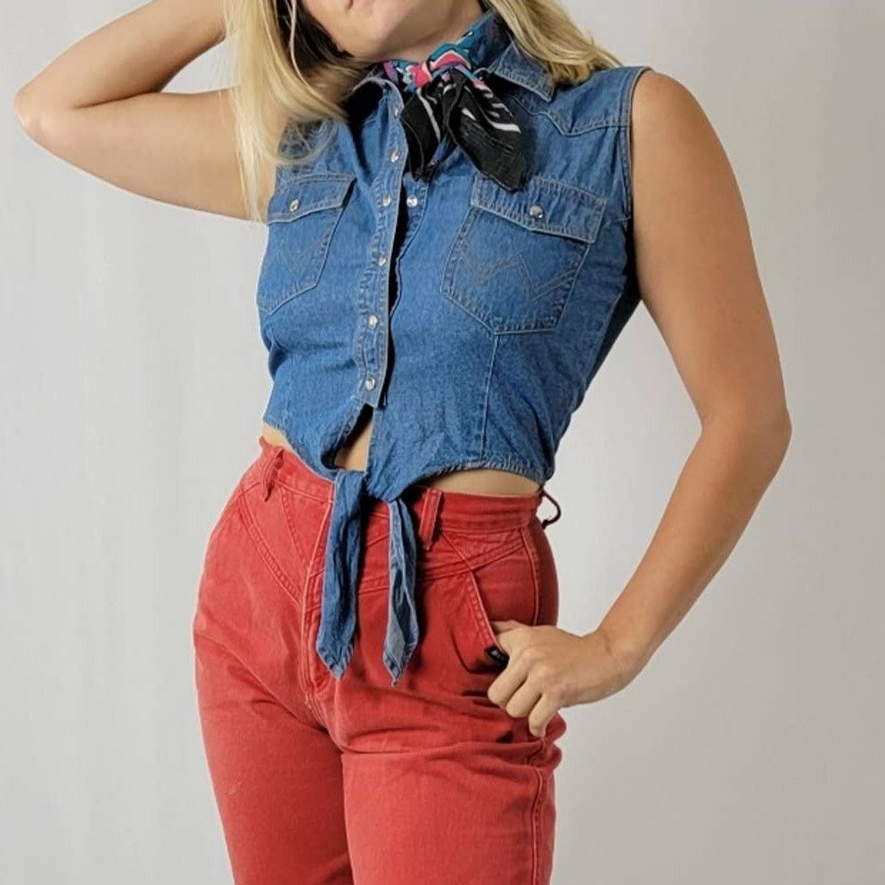 NEW 70's Wrangler Denim Pearl Snap Crop Tie Front Vest