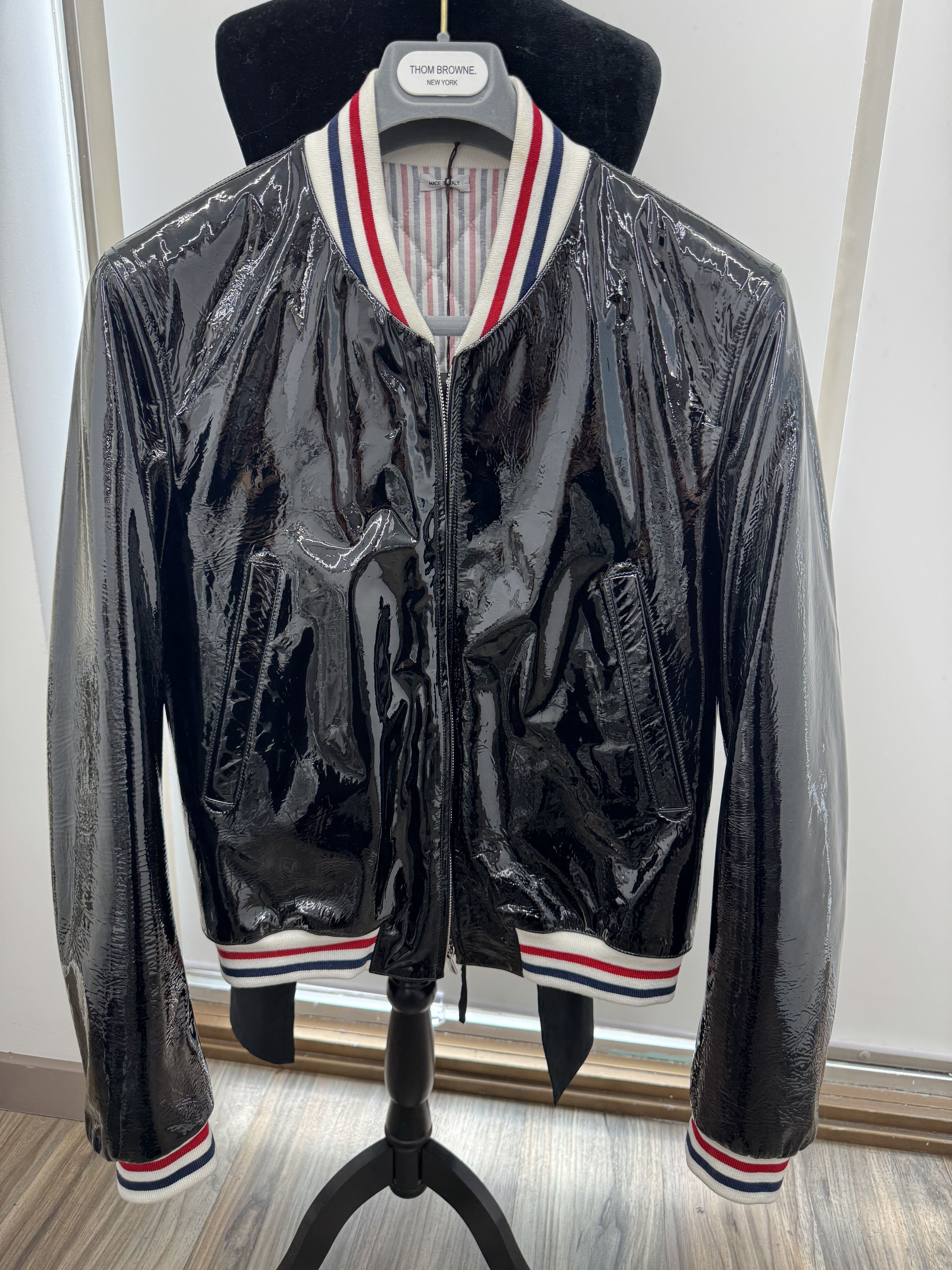 Thom Browne Fitted Varsity Jacket W/Front Zip in Patent Leather Size US M / EU 48-50 / 2 - 1 Thumbnail