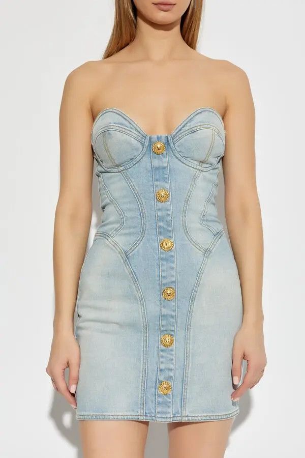 Balmain o1s1wg111225 Short Denim Dress in Light Blue Size M / US 6-8 / IT 42-44 - 3 Thumbnail
