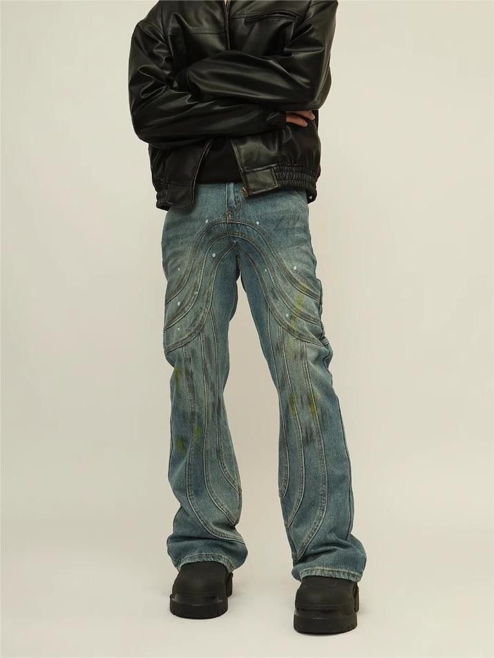 image of Straight Fit Patchwork Jeans in Blue, Men's (Size 32)