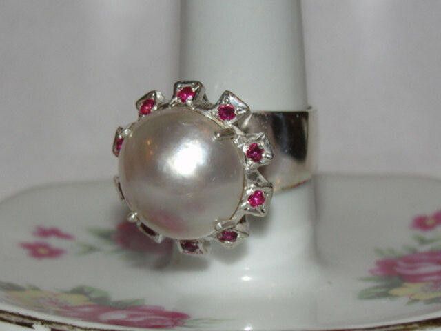 Designer Sterling Silver Pearl and Ruby Cocktail Ring Alberto Juan Size ONE SIZE - 1 Thumbnail