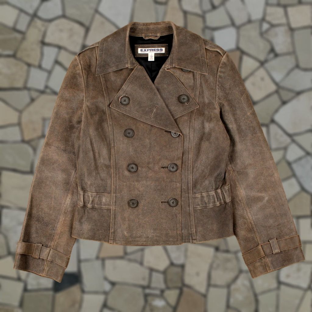Express VINTAGE Express Y2K Leather Jacket Womens 12 Brown Distressed Lined Casual Jacket Size XL / US 12-14 / IT 48-50 - 1 Thumbnail