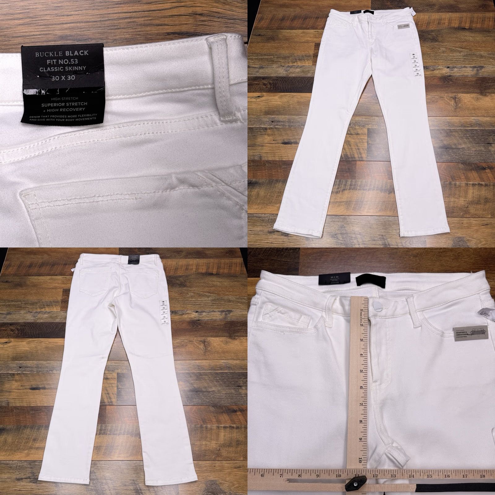 Vintage Buckle White Classic Skinny Jeans Womens 30x30 Stretch Fit Zip Button 5-Pocket Denim Regular 30 Inseam City Logo New with Tags Size 30" / US 8 / IT 44 - 8 Thumbnail