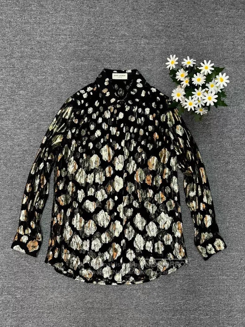 Saint Laurent Paris Saint Laurent Paris Mulberry Silk Gold Flower Sequin Shirt Size US M / EU 48-50 / 2 - 1 Thumbnail