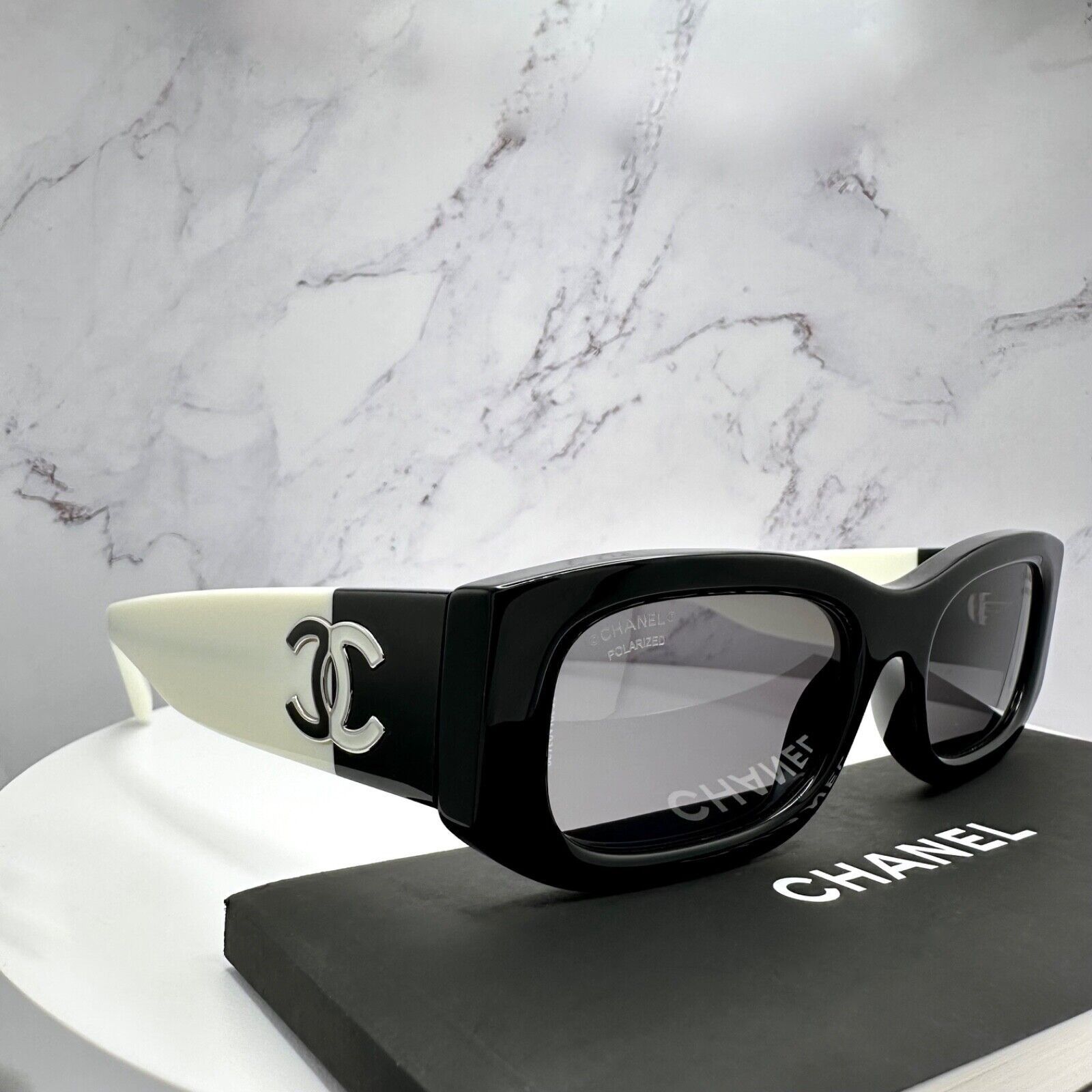 New CHANEL Sunglasses Black White Polarized CC Logo