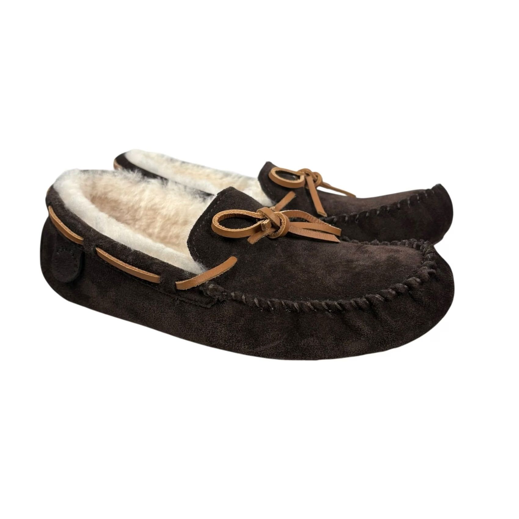 Vintage Fireside by Dearfoams Victor Genuine Shearling Moccasin Slipper Mens 9 Brown Suede Size ONE SIZE - 3 Thumbnail