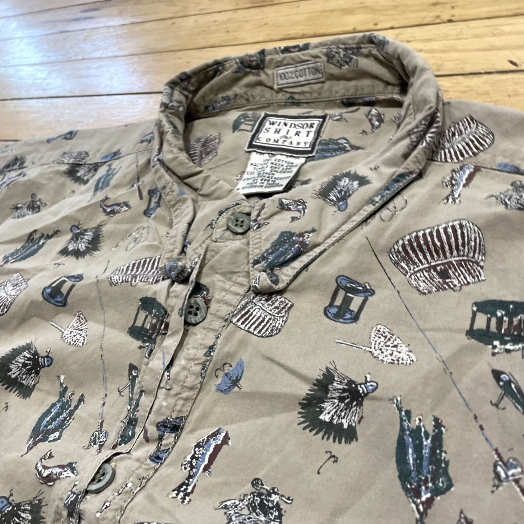 Vintage Windsor Shirt Company vtg 90s Graphic Button Shirt Men XL Fly fishing Reels Tack Print Shirt Size US XL / EU 56 / 4 - 5 Thumbnail