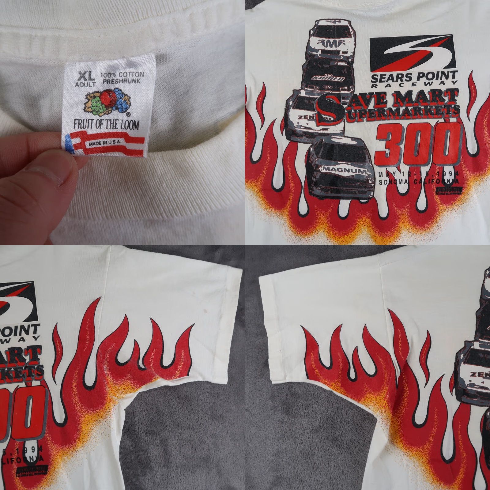 Fruit Of The Loom VINTAGE 1994 90s Flame Save Mart 300 T-Shirt Men XL White Circle Bell Nascar Graphic Print Size US XL / EU 56 / 4 - 9 Thumbnail