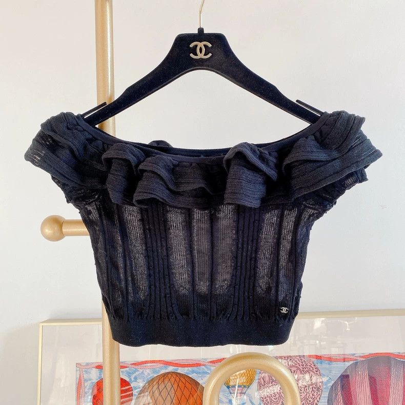 Chanel Black Off-Shoulder Top with Ruffles- DMC