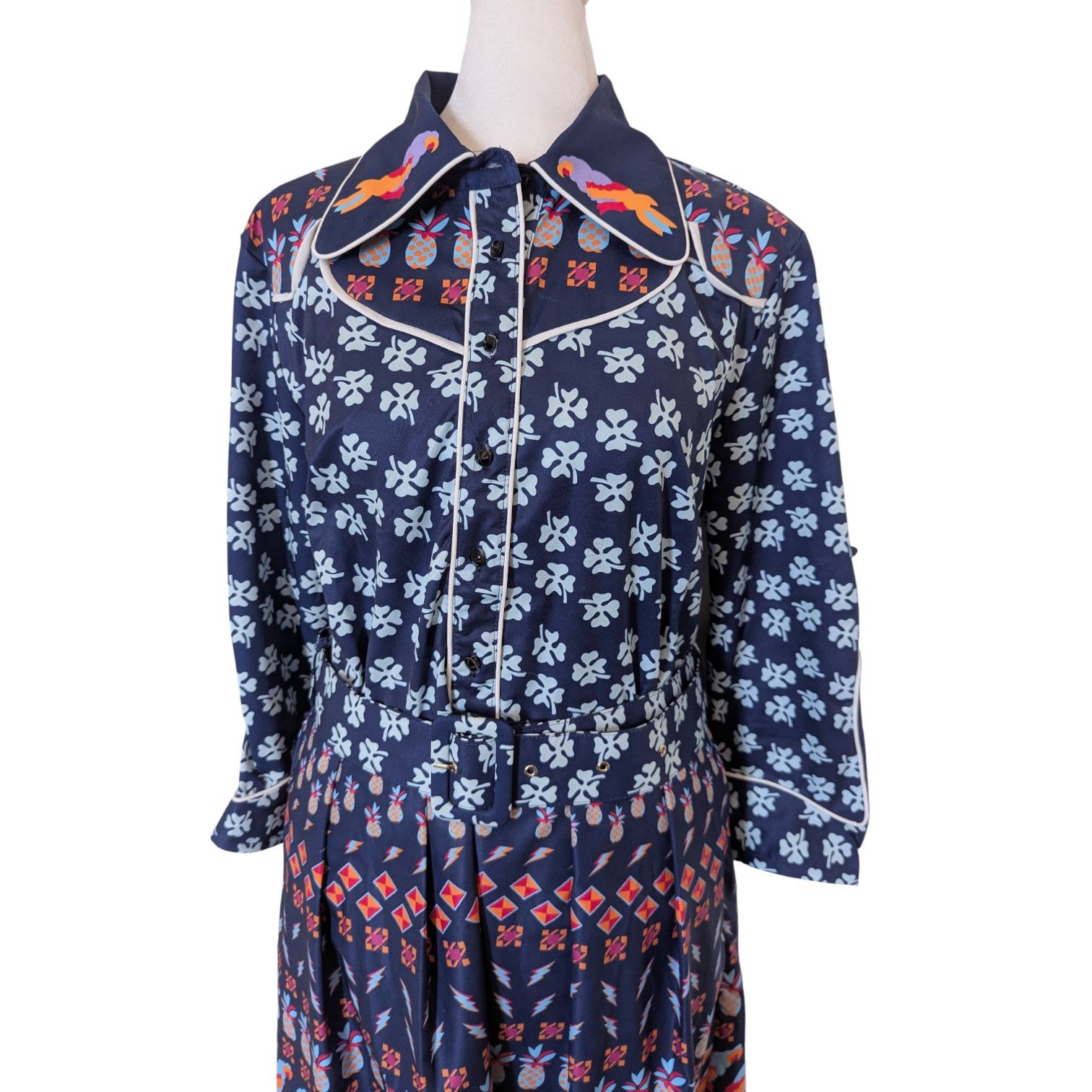 Other Tea & Cup Blue Pineapple Geometric Belted Satin Shirt Dress Size L / US 10 / IT 46 - 2 Thumbnail
