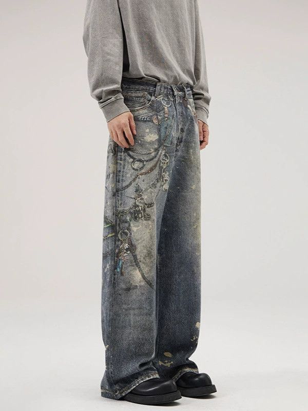 Vintage Men's loose distressed straight digital printed jeans Size US 32 / EU 48 - 3 Thumbnail