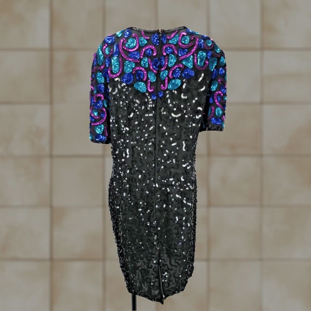 Pinko VINTAGE Laurence Kazar Gown Dress Beaded Sequin Evening Silk XL Blue Diamonds Gatsby Party Flapper Knee Length Size XL / US 12-14 / IT 48-50 - 1 Thumbnail