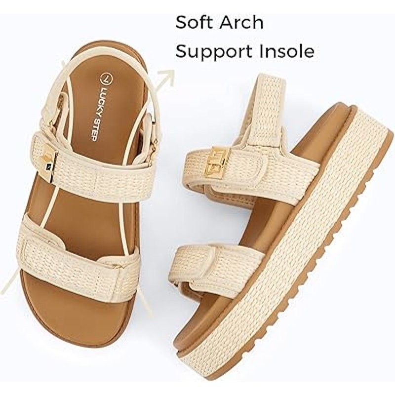 Other Lucky Step Size 7 Tan Raffia Platform Open Toe Sandals Size US 7 / IT 37 - 6 Thumbnail