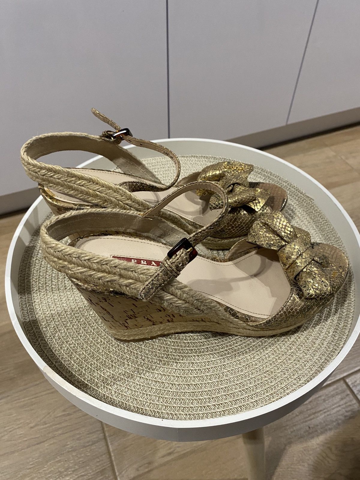 Prada Prada Bow Sandals with Ankle Strap Gold Snakeskin Leather Size US 11 / IT 41 - 17 Thumbnail