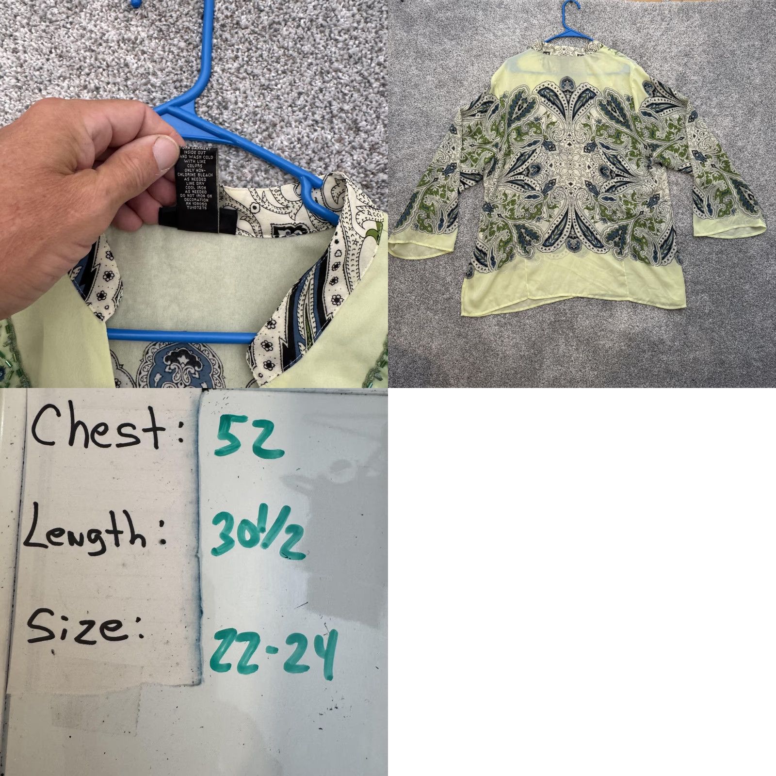 Vintage Lane Bryant Shirt Womens 22-24 Green Paisley Beaded Tunic Blouse Boho Sheer 3/4 Sleeve V-Neck Plus Size Womens Size 3XL / US 20-22 - 8 Thumbnail