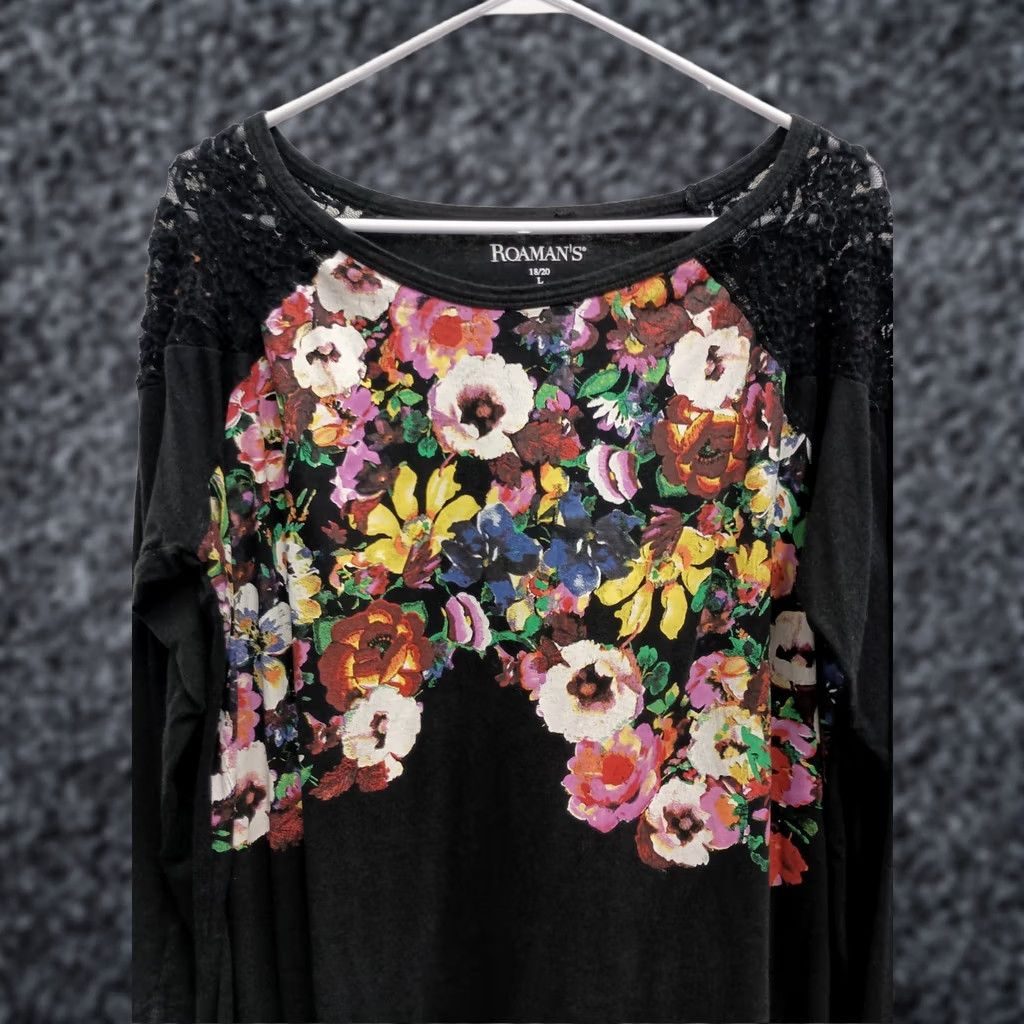 Vintage Roaman'S BOHO Whimsygoth Tunic Top Sz 18/20 Black Floral Lace 3/4 Sleeve, Pre-Owned, In Excellent Condition, 25 in x 31 in Size XXL / US 16-18 / IT 52-54 - 1 Thumbnail